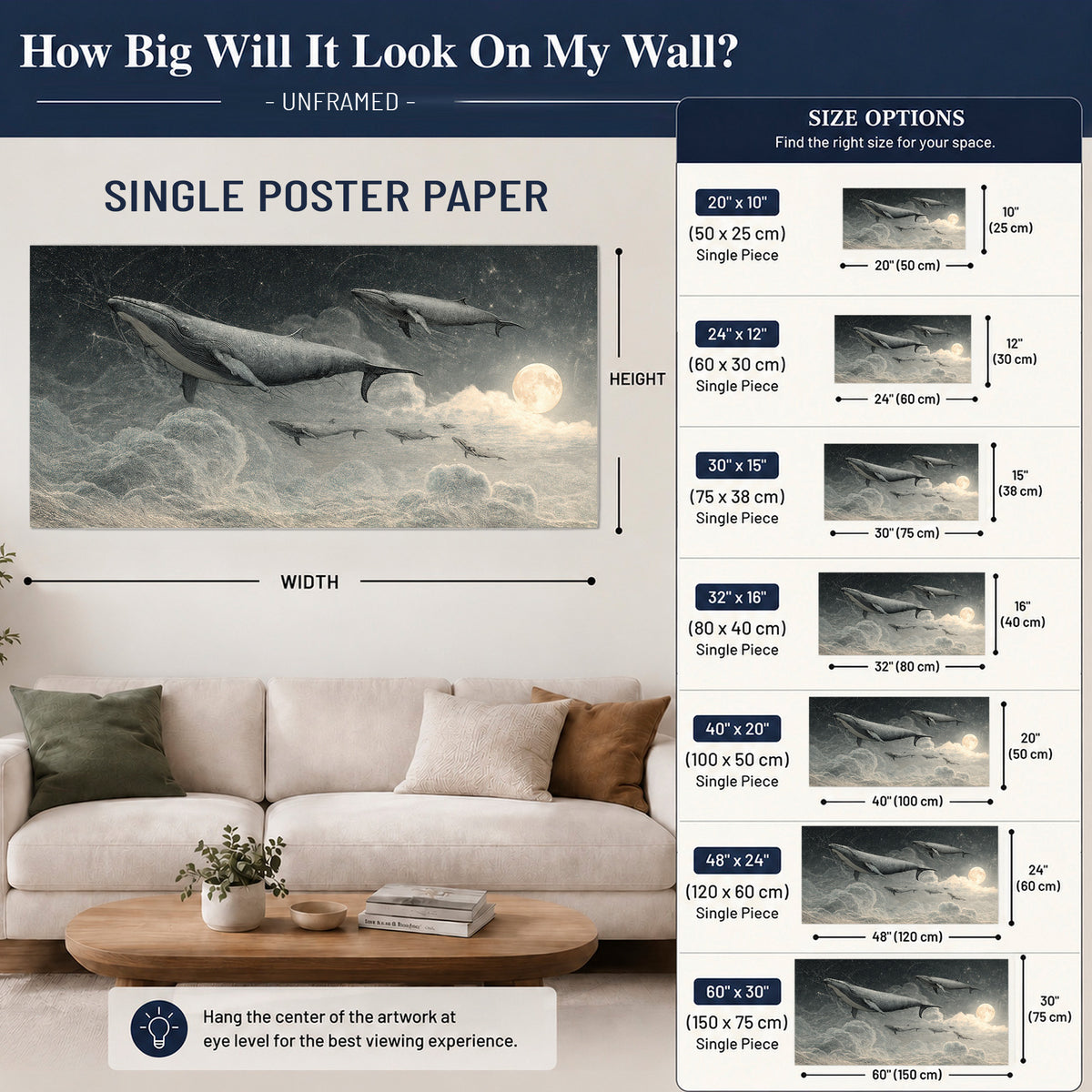 Monochrome whales floating over misty clouds beside a luminous painted moon single poster print size guide above a sofa; room view is illustrative