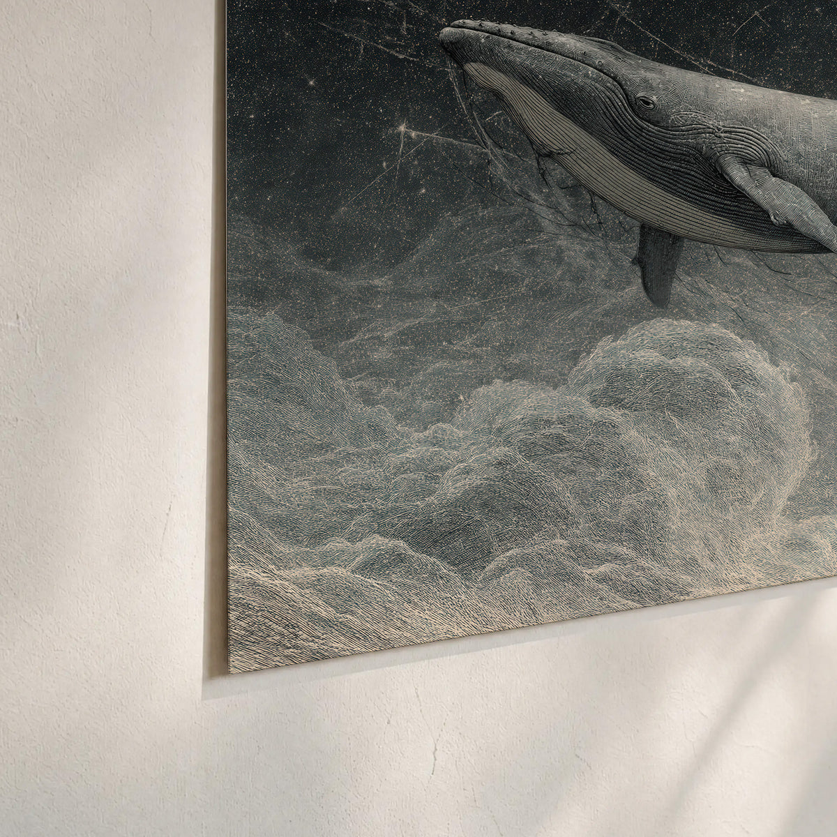 Monochrome whales floating over misty clouds beside a luminous painted moon set of 3 poster prints material and edge close up