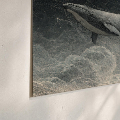 Monochrome whales floating over misty clouds beside a luminous painted moon set of 3 poster prints material and edge close up
