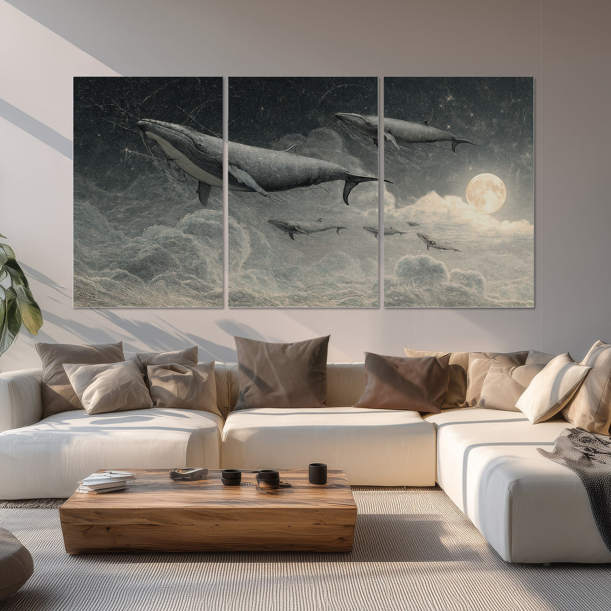 Monochrome whales floating over misty clouds beside a luminous painted moon set of 3 poster prints displayed in a living room