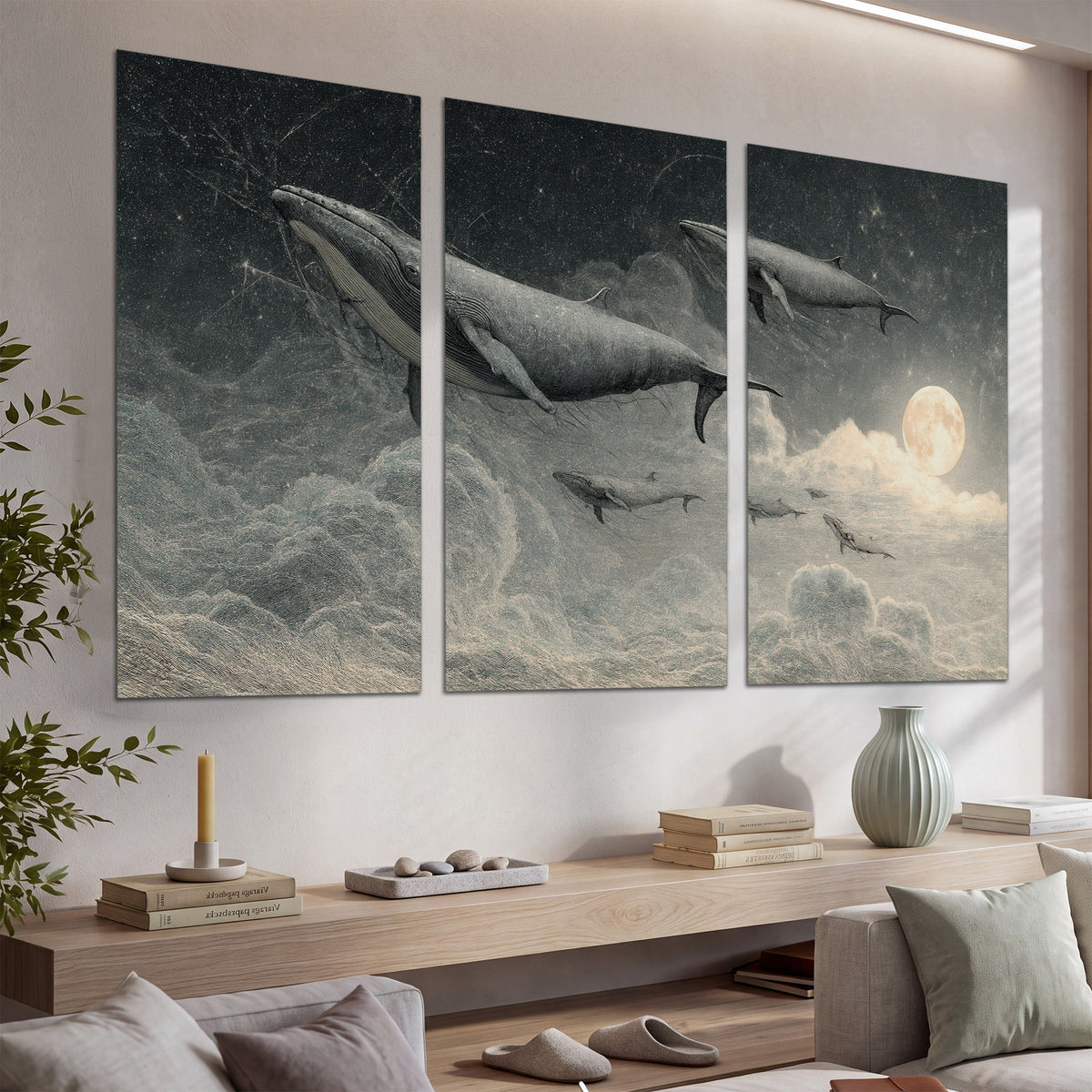 Monochrome whales floating over misty clouds beside a luminous painted moon set of 3 poster prints displayed in a console