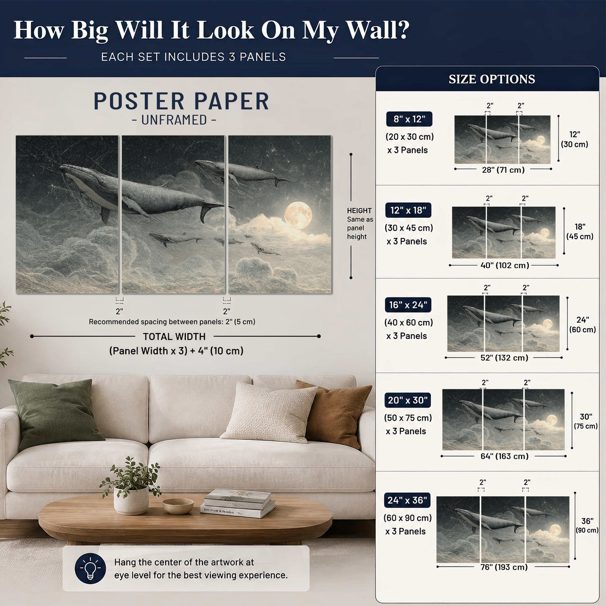 Monochrome whales floating over misty clouds beside a luminous painted moon set of 3 poster prints size guide above a sofa; room view is illustrative