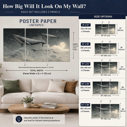 Monochrome whales floating over misty clouds beside a luminous painted moon set of 3 poster prints size guide above a sofa; room view is illustrative