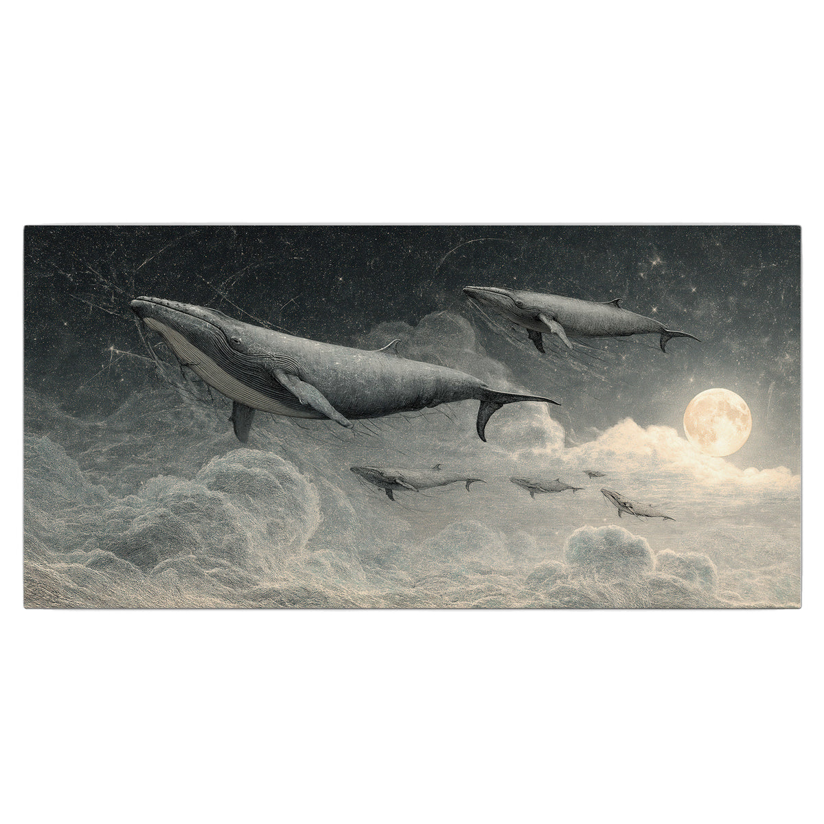 Monochrome whales floating over misty clouds beside a luminous painted moon single canvas wall art viewed straight on