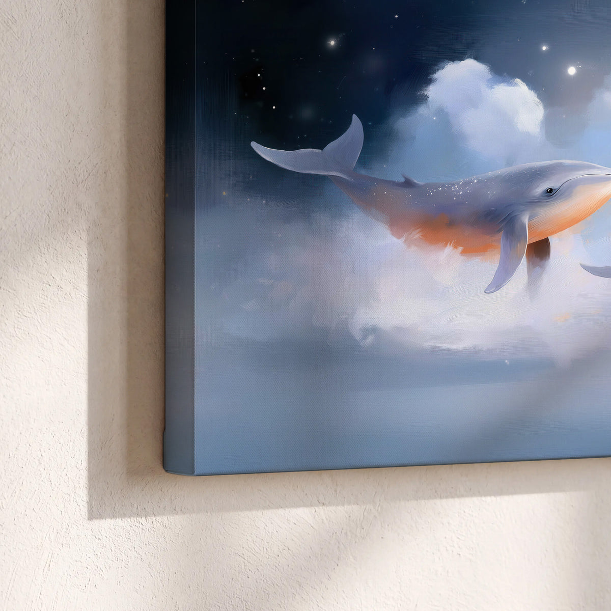 Blue whales gliding through pastel clouds beneath stars and a warm orange moon 3 piece canvas wall art material and edge close up