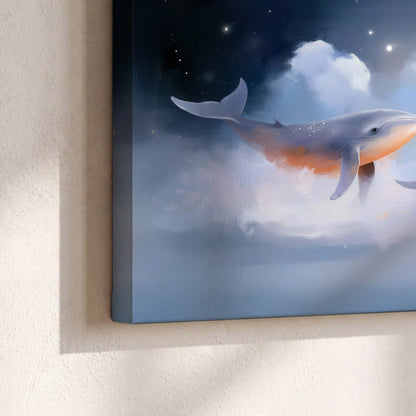 Blue whales gliding through pastel clouds beneath stars and a warm orange moon 3 piece canvas wall art material and edge close up