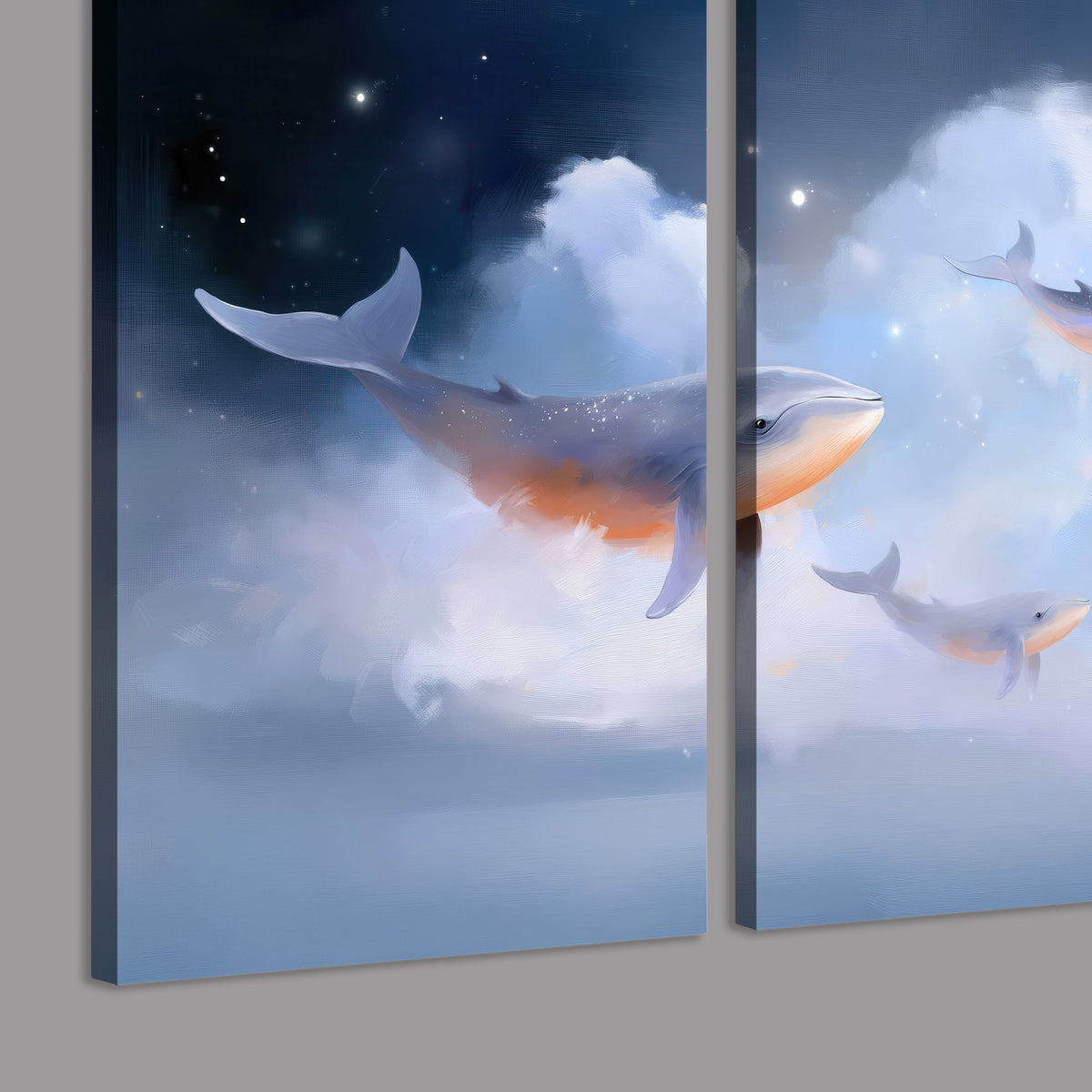 Blue whales gliding through pastel clouds beneath stars and a warm orange moon 3 piece canvas wall art room and product view