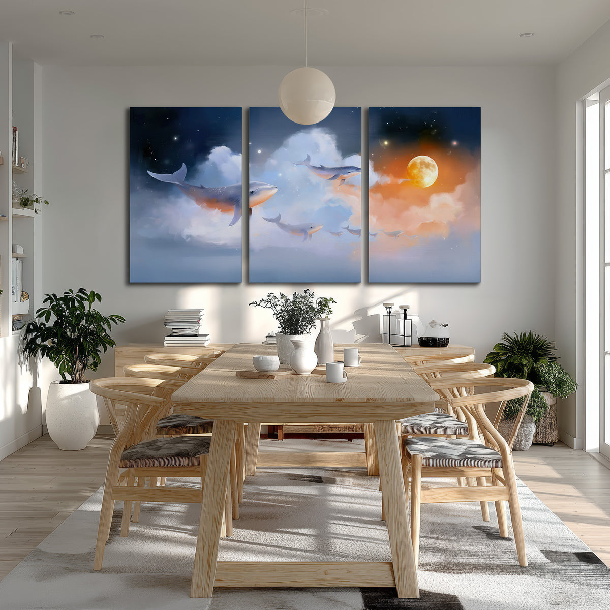 Blue whales gliding through pastel clouds beneath stars and a warm orange moon 3 piece canvas wall art room and product view