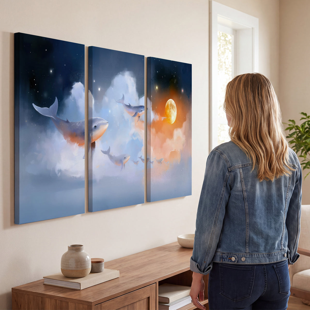 Blue whales gliding through pastel clouds beneath stars and a warm orange moon 3 piece canvas wall art three panel arrangement on a wall