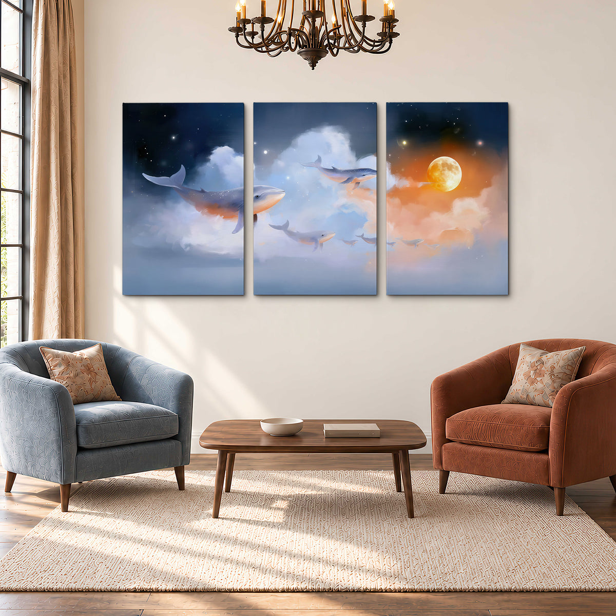 Blue whales gliding through pastel clouds beneath stars and a warm orange moon 3 piece canvas wall art styled in an interior