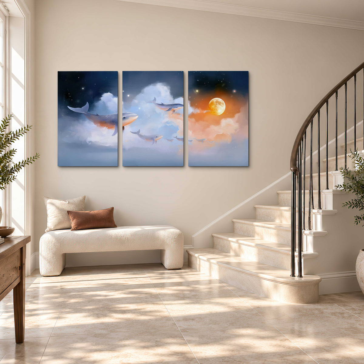 Blue whales gliding through pastel clouds beneath stars and a warm orange moon 3 piece canvas wall art styled in an interior