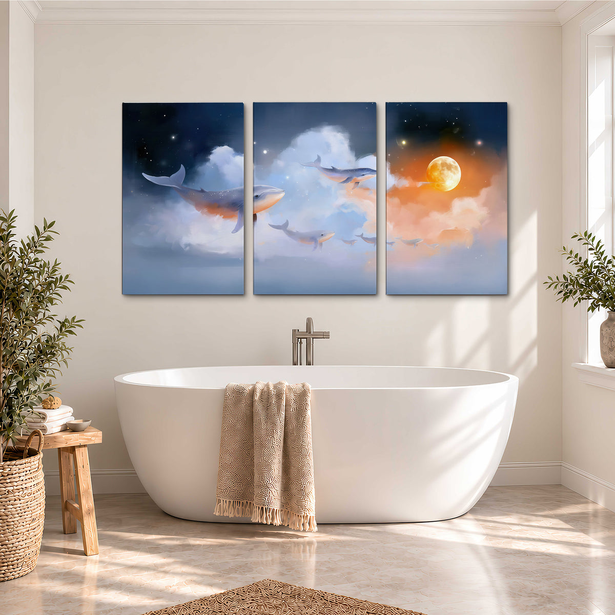 Blue whales gliding through pastel clouds beneath stars and a warm orange moon 3 piece canvas wall art styled in an interior