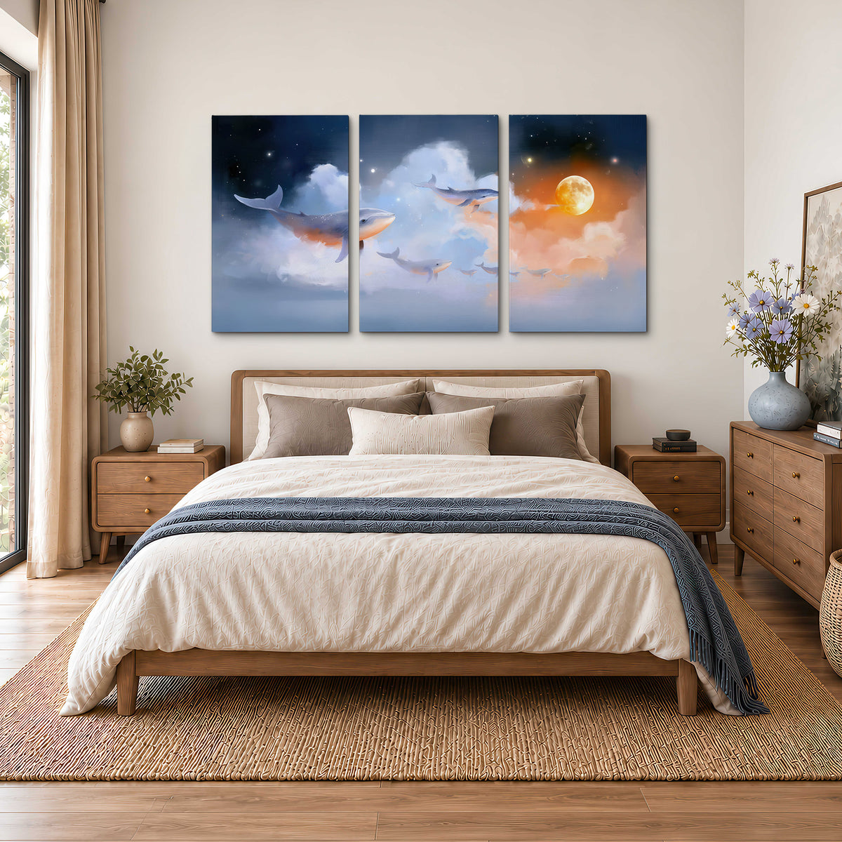 Blue whales gliding through pastel clouds beneath stars and a warm orange moon 3 piece canvas wall art styled in an interior