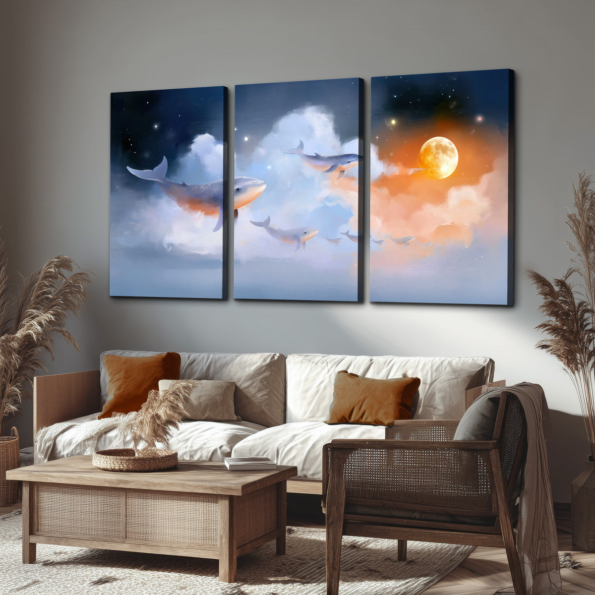 Blue whales gliding through pastel clouds beneath stars and a warm orange moon 3 piece canvas wall art displayed in a rustic living room