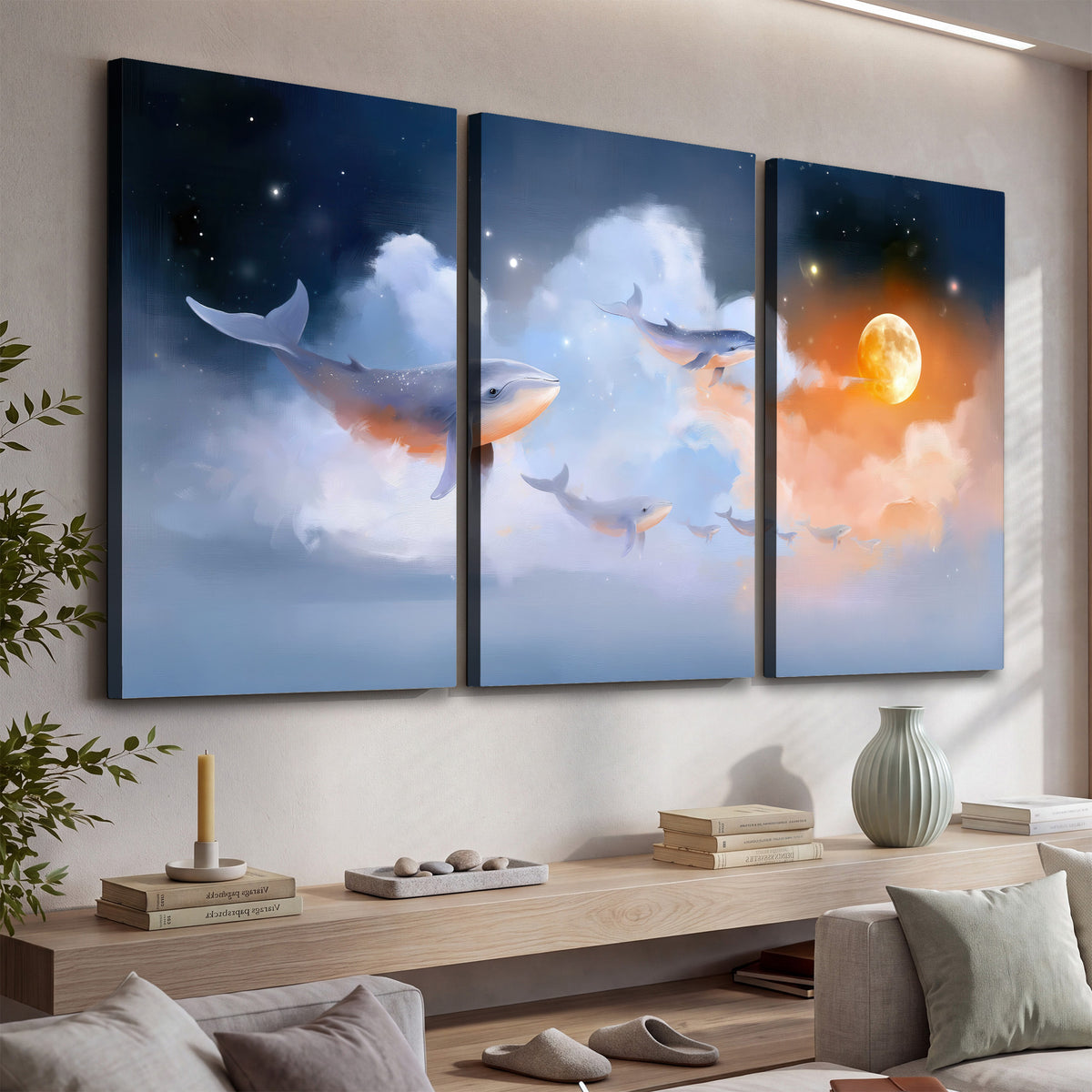 Blue whales gliding through pastel clouds beneath stars and a warm orange moon 3 piece canvas wall art displayed in a console