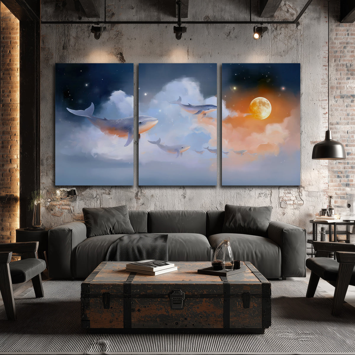 Blue whales gliding through pastel clouds beneath stars and a warm orange moon 3 piece canvas wall art displayed in a industrial room