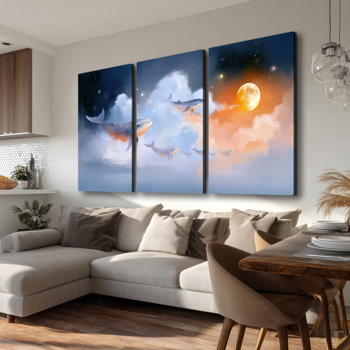 Blue whales gliding through pastel clouds beneath stars and a warm orange moon 3 piece canvas wall art room and product view