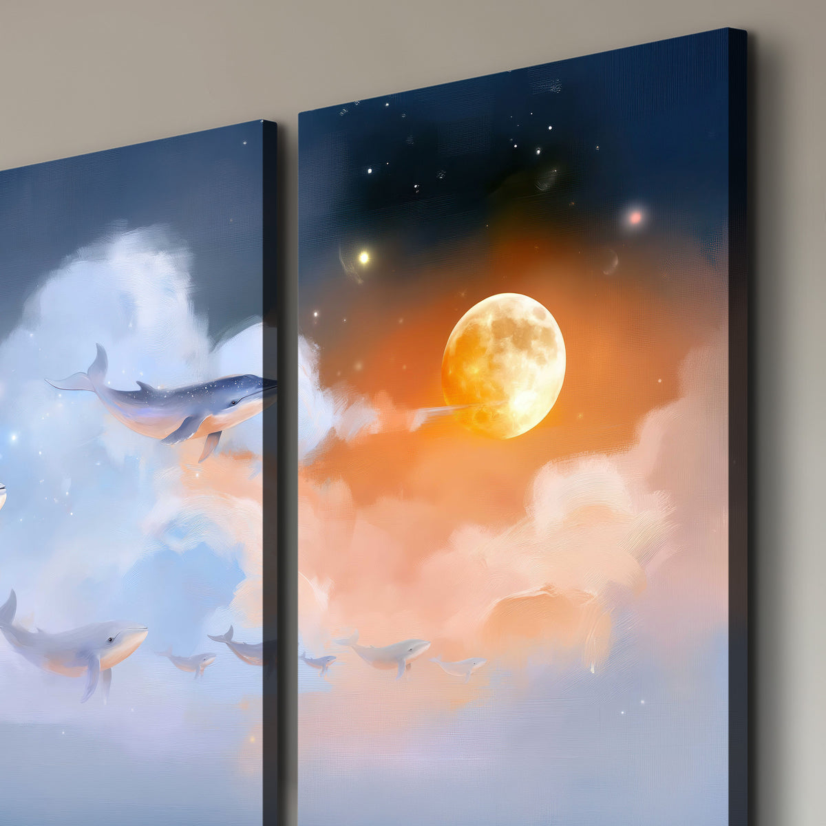 Blue whales gliding through pastel clouds beneath stars and a warm orange moon 3 piece canvas wall art room and product view