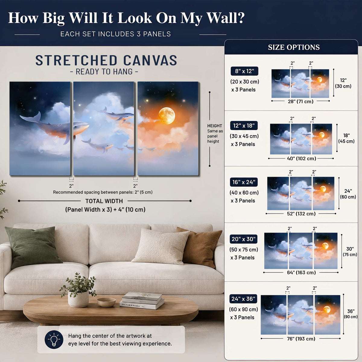 Blue whales gliding through pastel clouds beneath stars and a warm orange moon 3 piece canvas wall art size guide above a sofa; room view is illustrative
