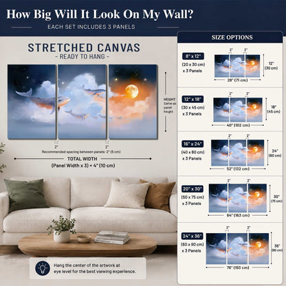 Blue whales gliding through pastel clouds beneath stars and a warm orange moon 3 piece canvas wall art size guide above a sofa; room view is illustrative