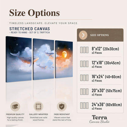 Blue whales gliding through pastel clouds beneath stars and a warm orange moon 3 piece canvas wall art available dimensions; triptych dimensions are per panel