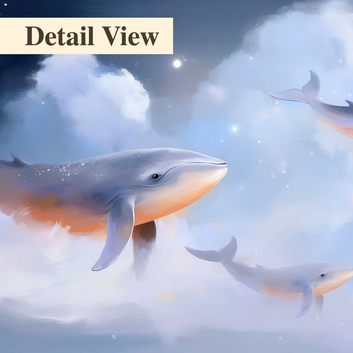 Blue whales gliding through pastel clouds beneath stars and a warm orange moon 3 piece canvas wall art artwork detail close up