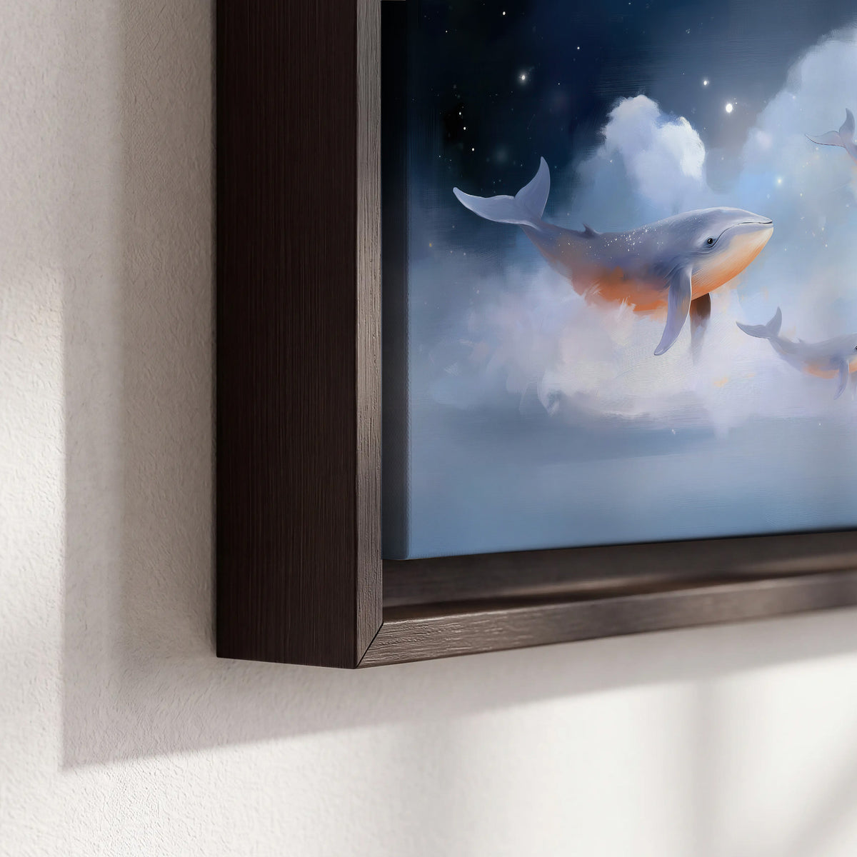 Blue whales gliding through pastel clouds beneath stars and a warm orange moon 3 piece framed canvas wall art material and edge close up