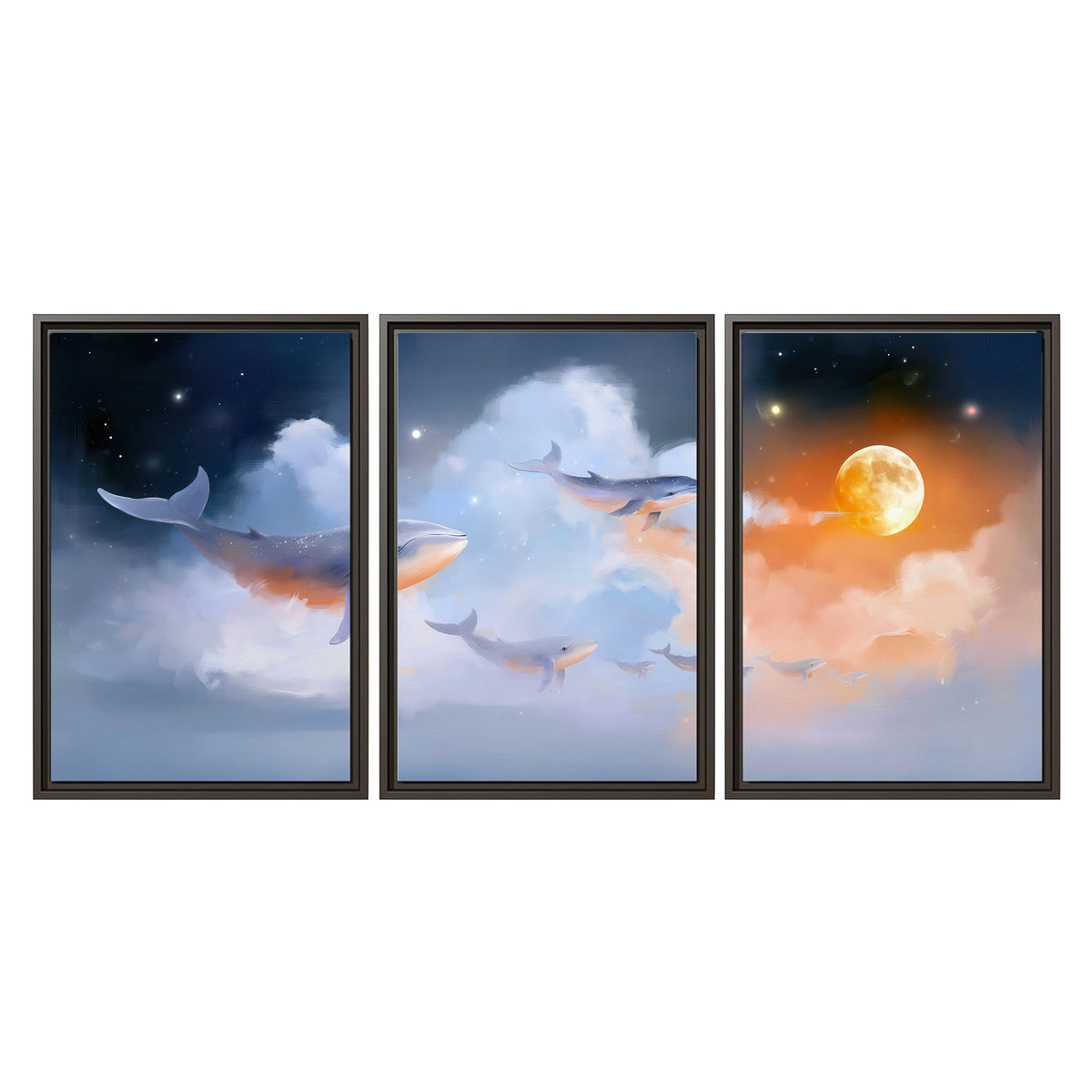 Blue whales gliding through pastel clouds beneath stars and a warm orange moon 3 piece framed canvas wall art viewed straight on