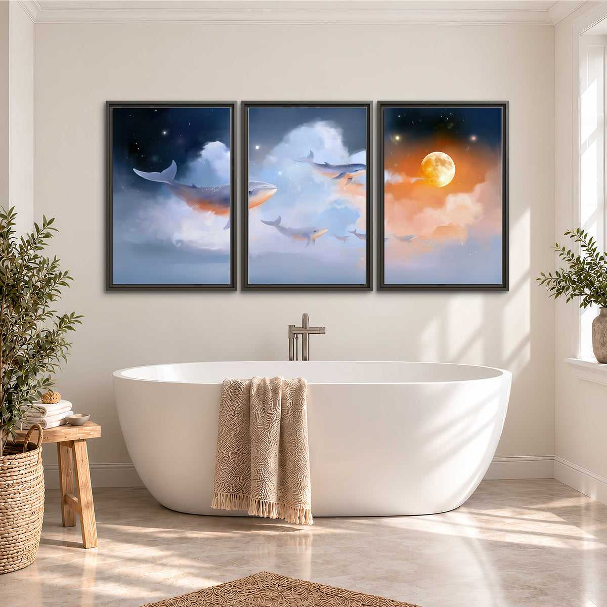 Blue whales gliding through pastel clouds beneath stars and a warm orange moon 3 piece framed canvas wall art styled in an interior