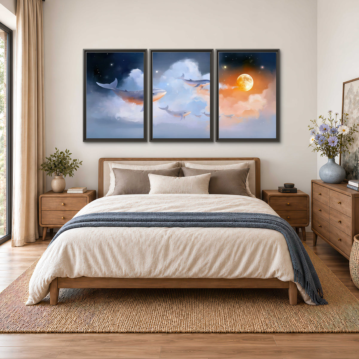Blue whales gliding through pastel clouds beneath stars and a warm orange moon 3 piece framed canvas wall art styled in an interior