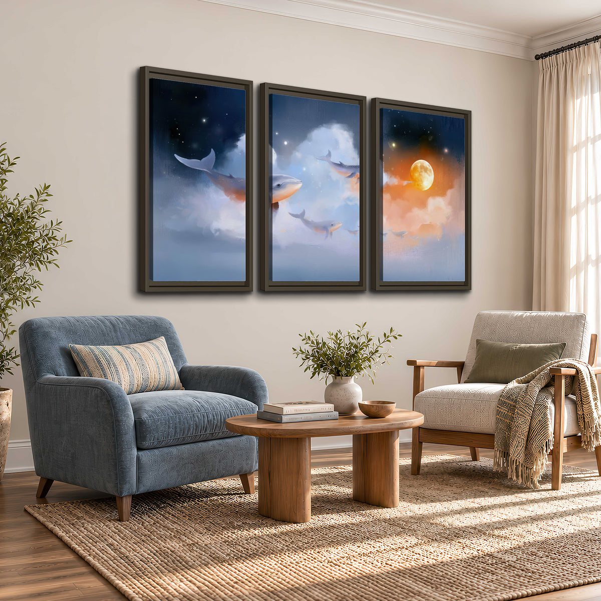 Blue whales gliding through pastel clouds beneath stars and a warm orange moon 3 piece framed canvas wall art styled in an interior