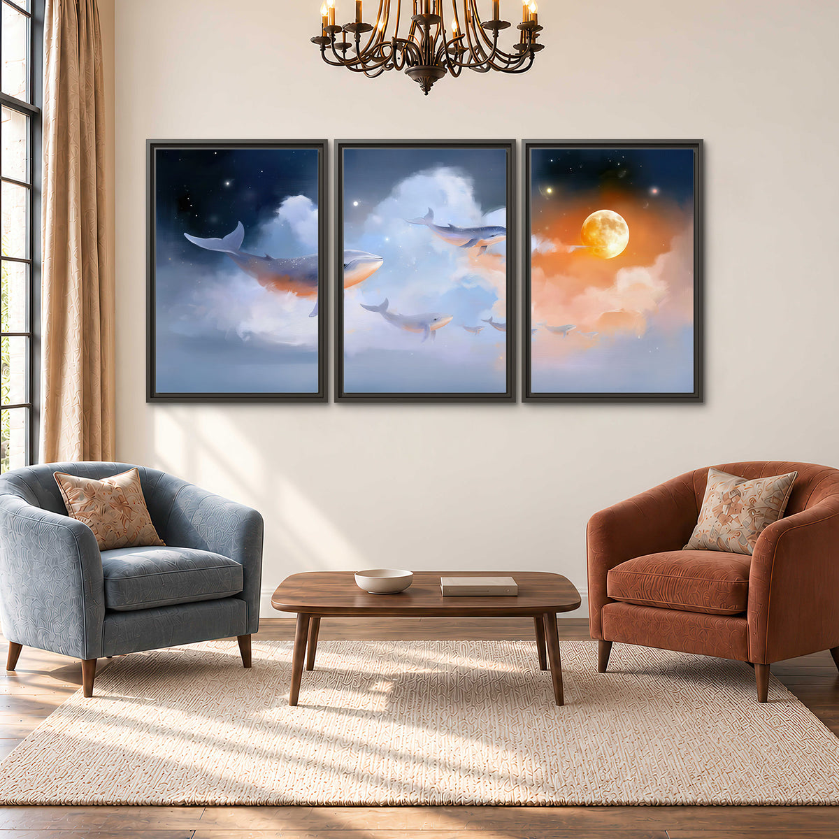 Blue whales gliding through pastel clouds beneath stars and a warm orange moon 3 piece framed canvas wall art styled in an interior