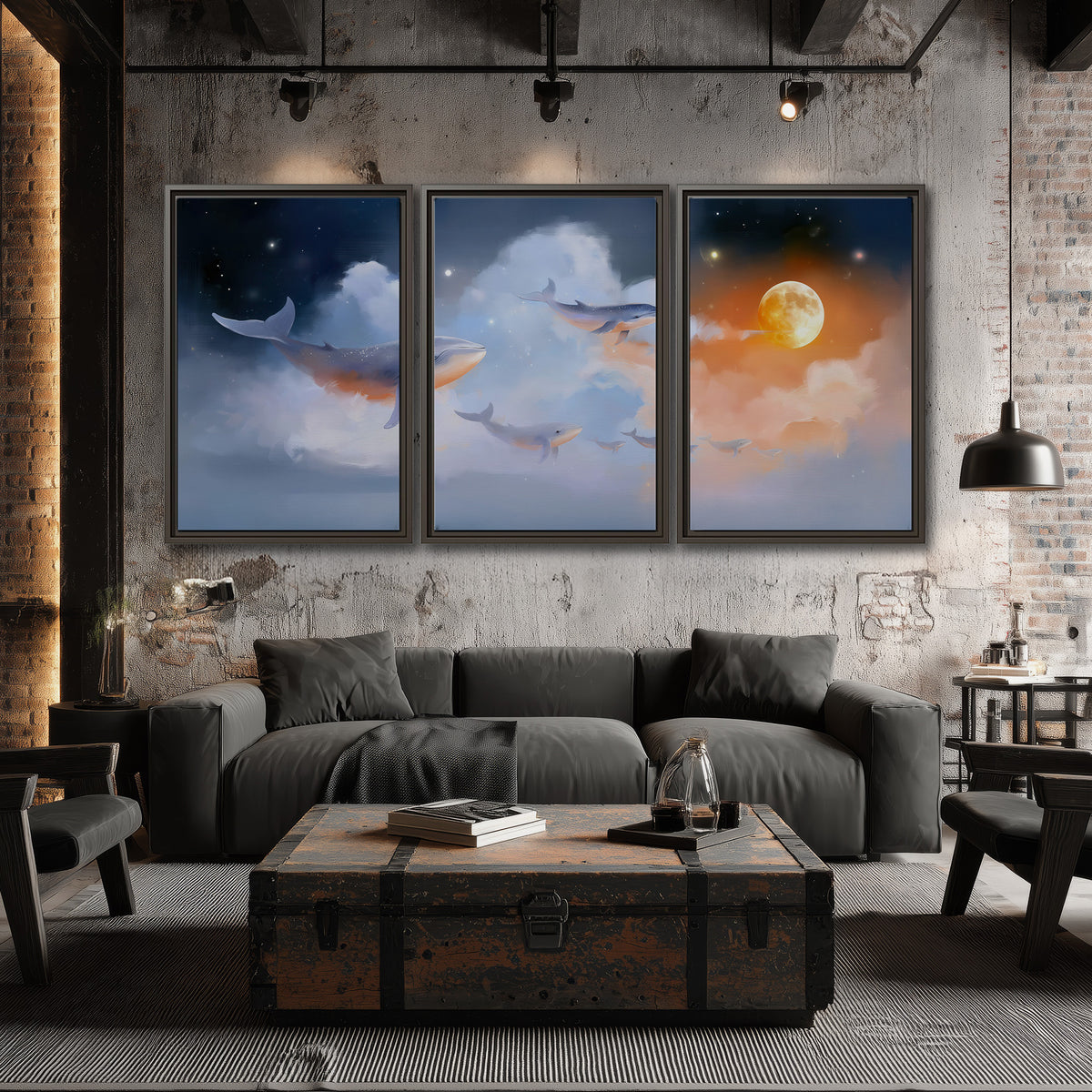 Blue whales gliding through pastel clouds beneath stars and a warm orange moon 3 piece framed canvas wall art displayed in a industrial room