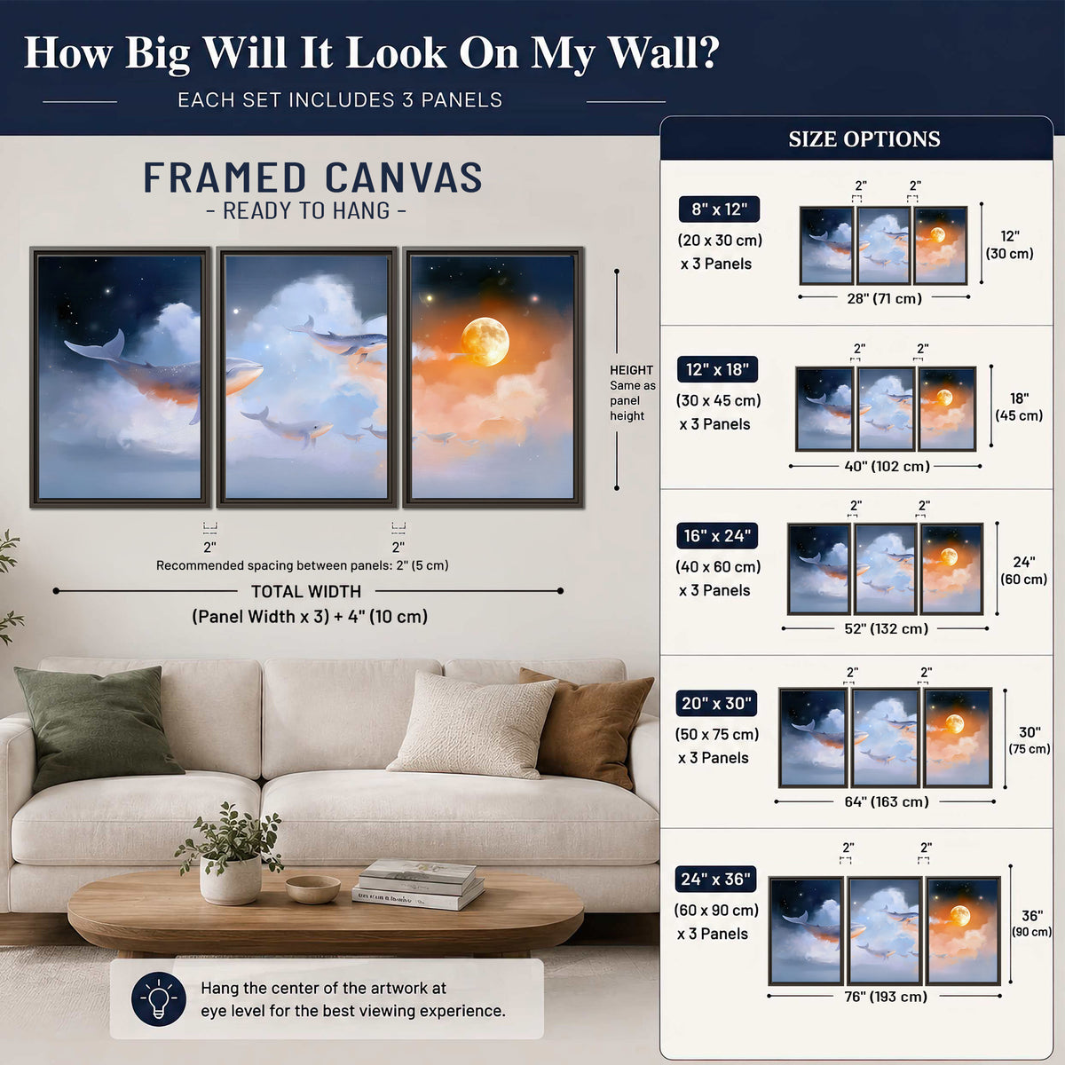 Blue whales gliding through pastel clouds beneath stars and a warm orange moon 3 piece framed canvas wall art size guide above a sofa; room view is illustrative