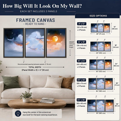 Blue whales gliding through pastel clouds beneath stars and a warm orange moon 3 piece framed canvas wall art size guide above a sofa; room view is illustrative