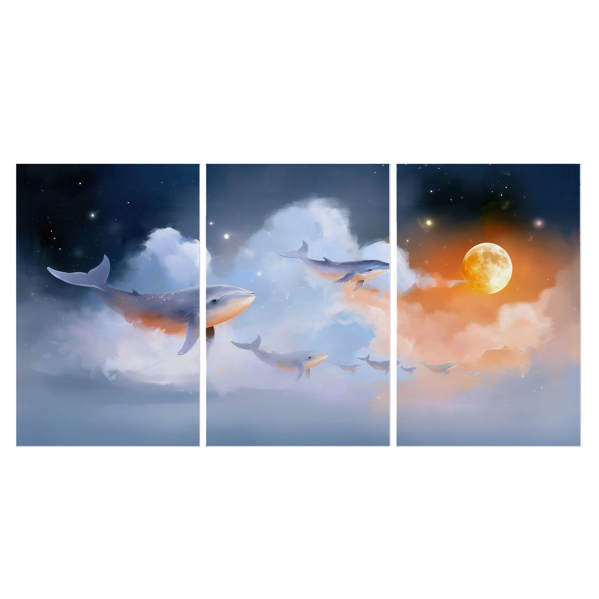 Blue whales gliding through pastel clouds beneath stars and a warm orange moon set of 3 poster prints viewed straight on