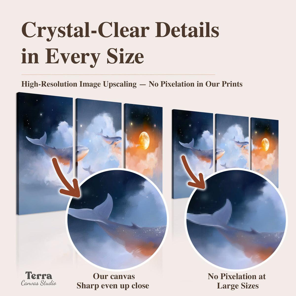 Blue whales gliding through pastel clouds beneath stars and a warm orange moon artwork quality information