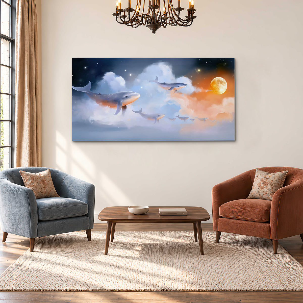 Blue whales gliding through pastel clouds beneath stars and a warm orange moon single canvas wall art styled in an interior