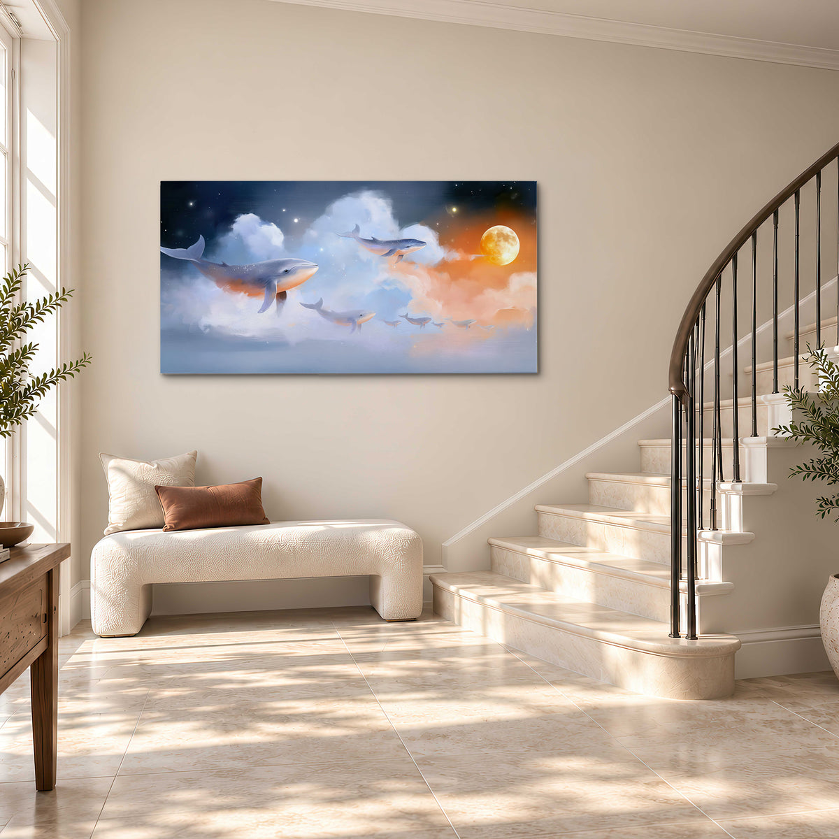 Blue whales gliding through pastel clouds beneath stars and a warm orange moon single canvas wall art styled in an interior