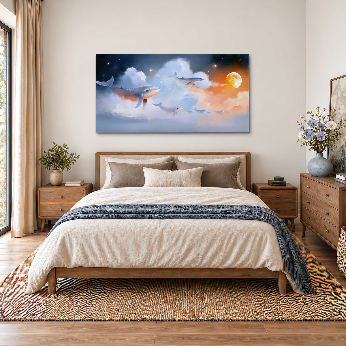 Blue whales gliding through pastel clouds beneath stars and a warm orange moon single canvas wall art styled in an interior