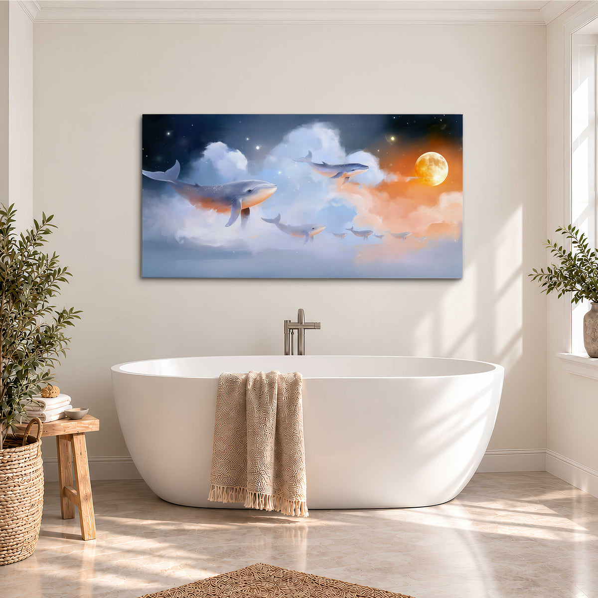 Blue whales gliding through pastel clouds beneath stars and a warm orange moon single canvas wall art styled in an interior