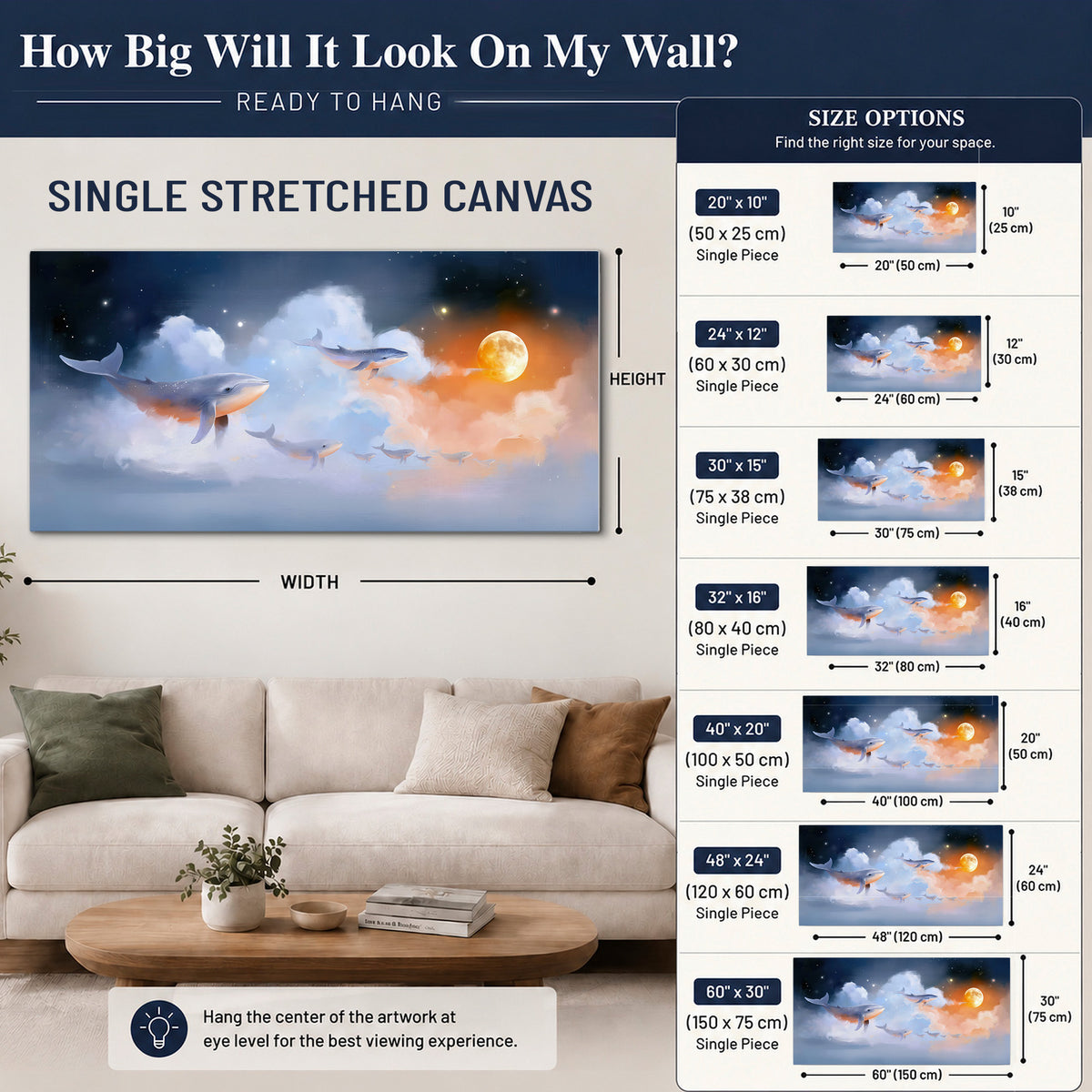 Blue whales gliding through pastel clouds beneath stars and a warm orange moon single canvas wall art size guide above a sofa; room view is illustrative