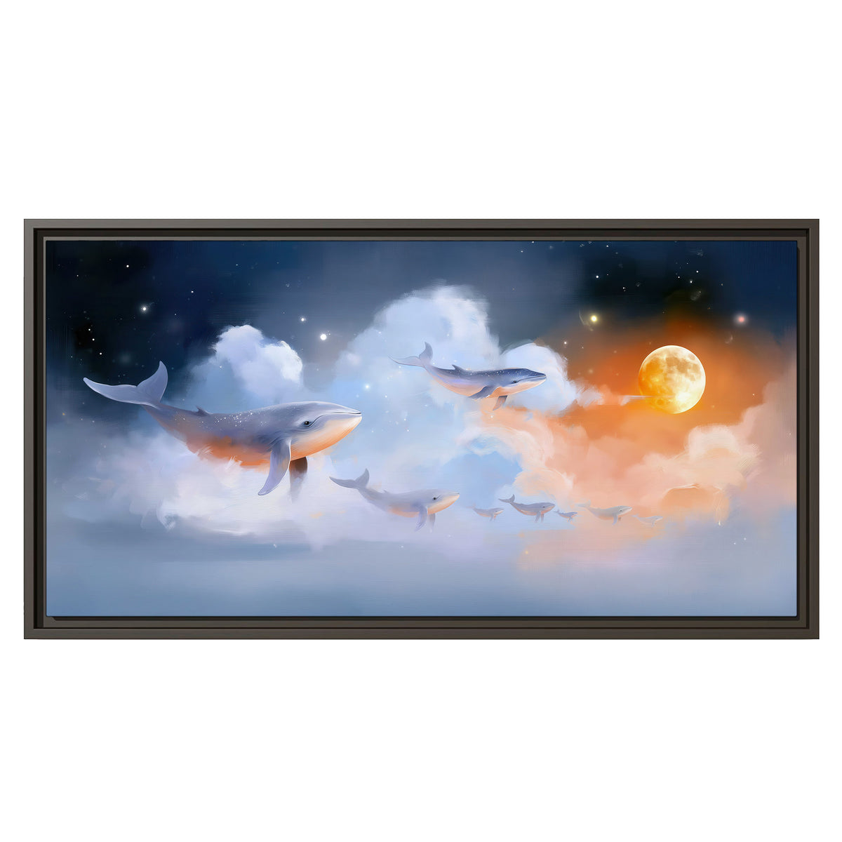 Blue whales gliding through pastel clouds beneath stars and a warm orange moon single framed canvas wall art viewed straight on