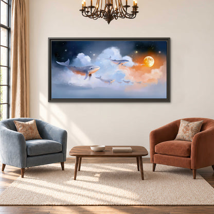 Blue whales gliding through pastel clouds beneath stars and a warm orange moon single framed canvas wall art styled in an interior