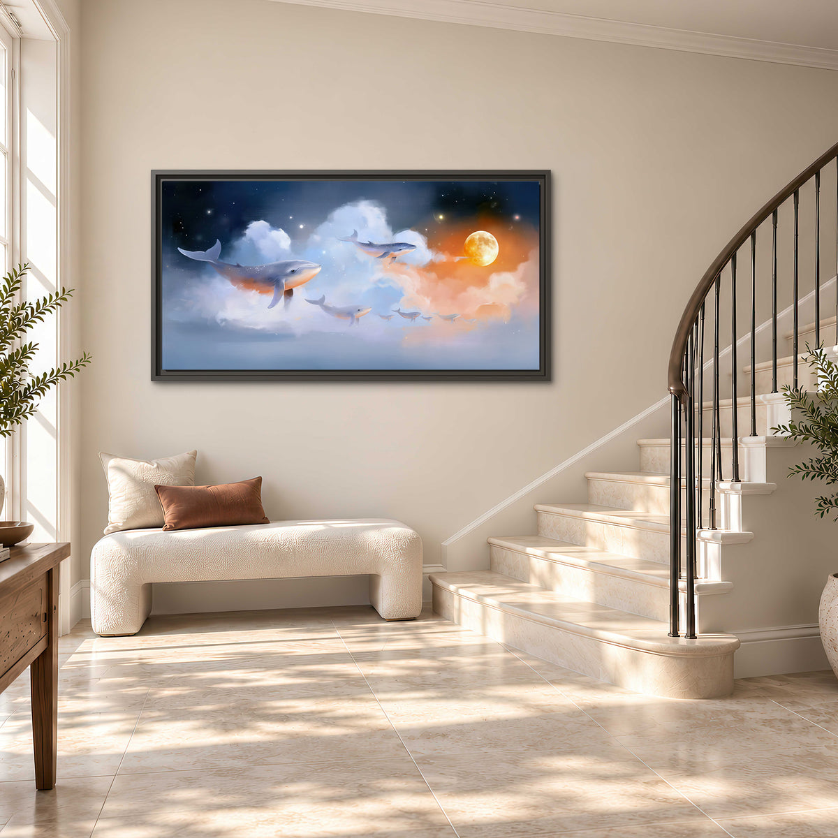 Blue whales gliding through pastel clouds beneath stars and a warm orange moon single framed canvas wall art styled in an interior