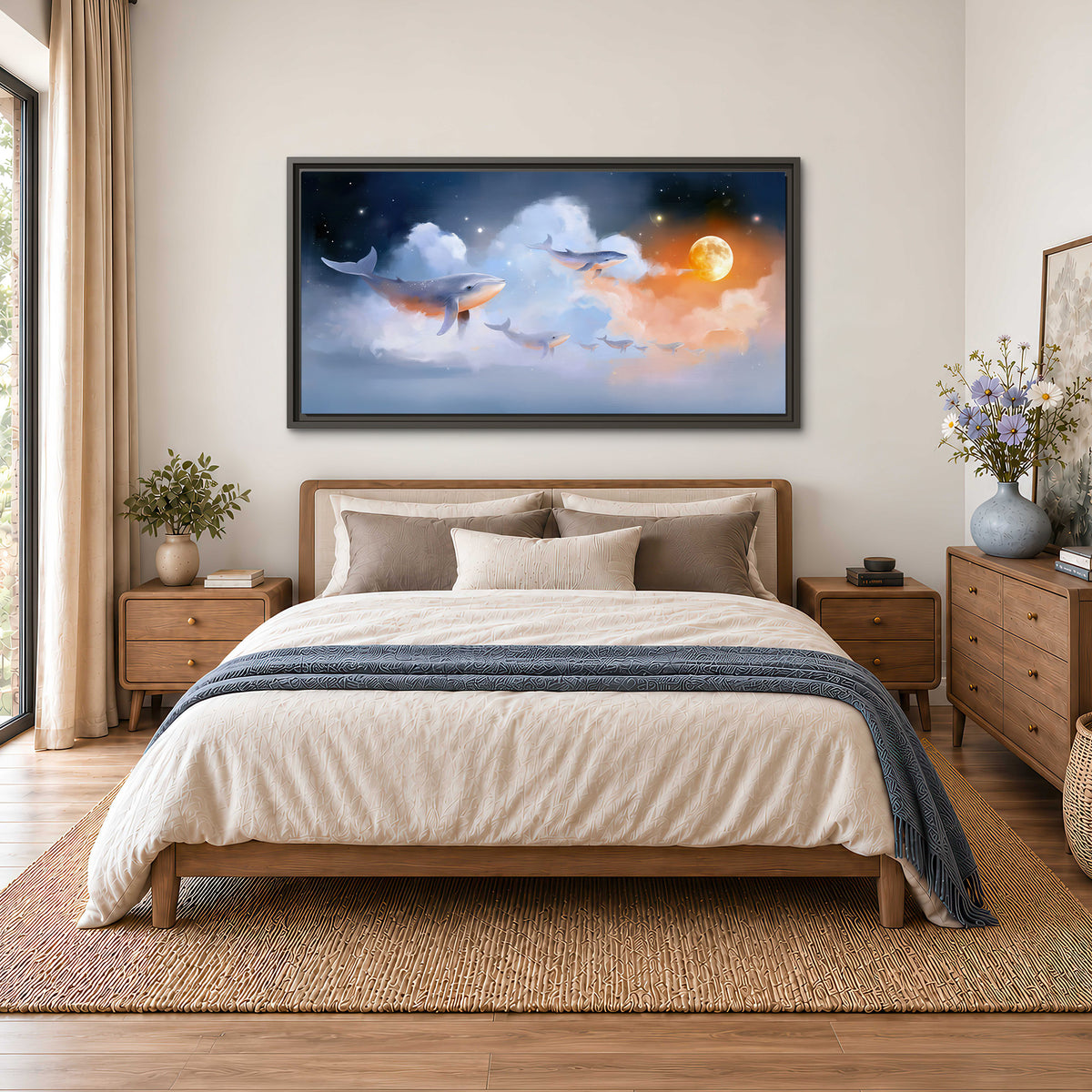 Blue whales gliding through pastel clouds beneath stars and a warm orange moon single framed canvas wall art styled in an interior