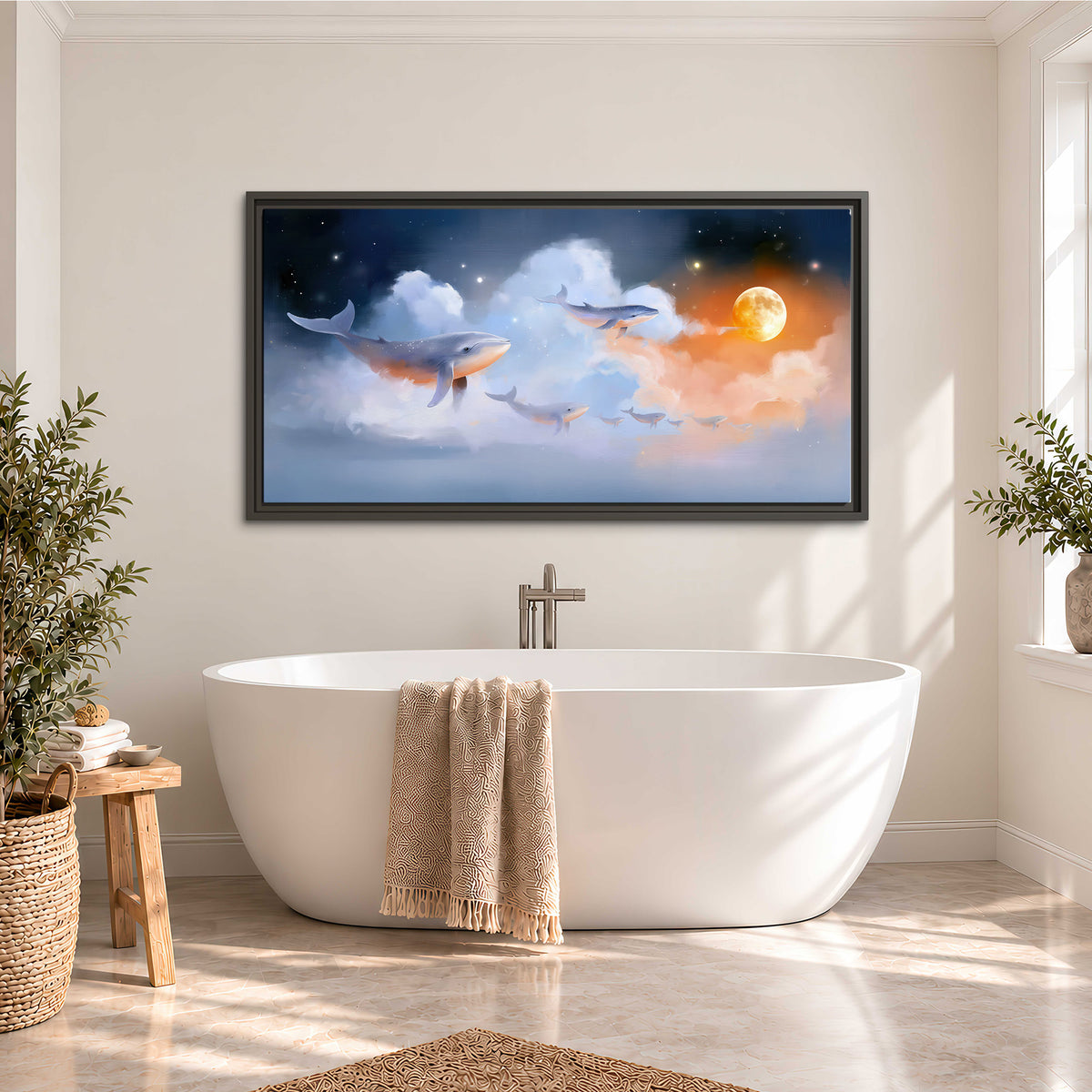 Blue whales gliding through pastel clouds beneath stars and a warm orange moon single framed canvas wall art styled in an interior