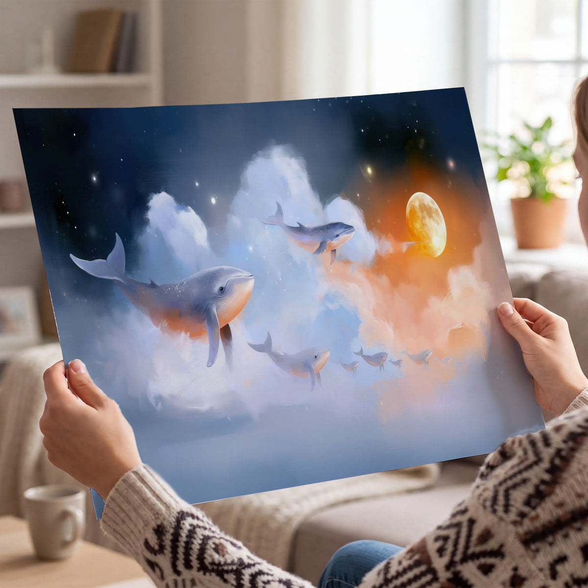 Blue whales gliding through pastel clouds beneath stars and a warm orange moon single poster print held in hands