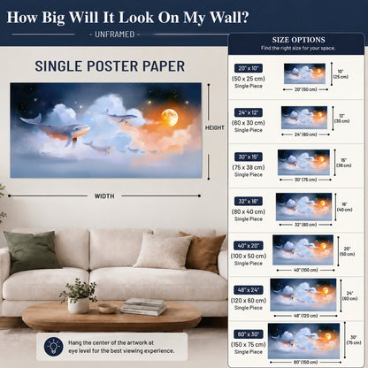 Blue whales gliding through pastel clouds beneath stars and a warm orange moon single poster print size guide above a sofa; room view is illustrative