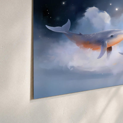 Blue whales gliding through pastel clouds beneath stars and a warm orange moon set of 3 poster prints material and edge close up